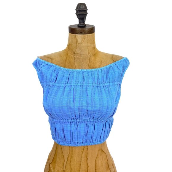 AMERICAN EAGLE Crop Tank Top XS Ruched Light Blue Cotton Pleated Stretch NWT B86 - Picture 2 of 6